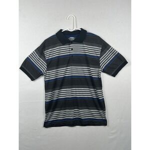 Denim & Rivets Polo Shirt Mens Medium Striped Short Sleeve Grey Black Blue M